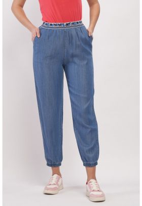 Pantaloni jogger de denim cu talie inalta