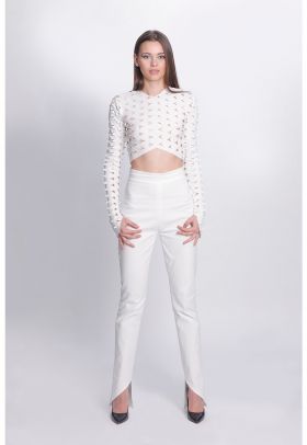 Pantaloni de bumbac cu talie inalta si terminatii asimetrice