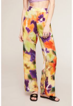 Pantaloni de satin cu croiala ampla si model tie-dye