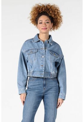 Jacheta crop din denim cu aspect decolorat