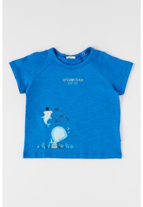 Tricou de bumbac cu imprimeu si maneci raglan