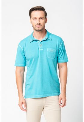 Tricou polo din bumbac cu buzunar aplicat pe piept Sunfaded - verde aqua - S