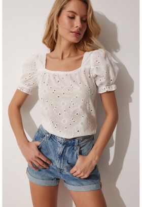 Bluza de bumbac cu broderie Sangallo