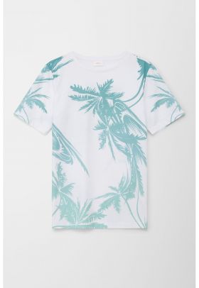 Tricou cu decolteu rotund si imprimeu tropical