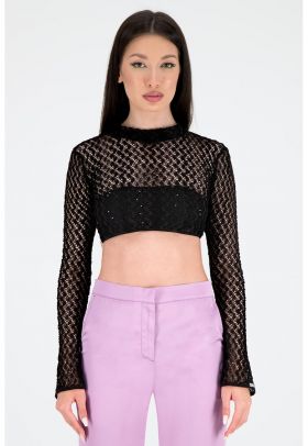 Bluza crop de dantela cu insertii cu paiete