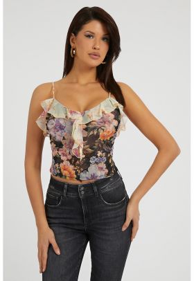 Top crop de plasa cu imprimeu floral