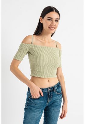 Bluza crop cu decolteu pe umeri