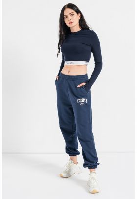 Pantaloni sport de bumbac organic cu talie inalta si imprimeu logo