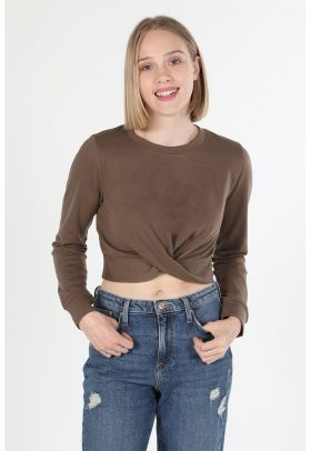 Bluza crop din jerseu cu detaliu frontal rasucit