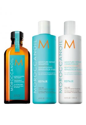 Pachet Promo Reparare pentru par deteriorat: Sampon si Balsam pentru Reparare Moroccanoil - 250 ml + Ulei Tratament Moroccanoil pentru toate tipurile de par - 100 ml