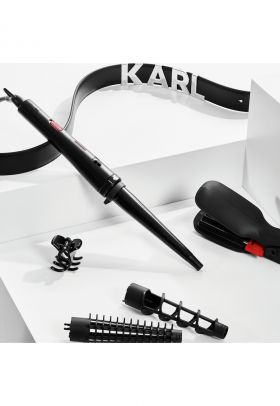 Aparat de coafat x Karl Lagerfeld Infinite Looks - 9 accesorii - invelis ceramic - placa 2 in 1 pentru creponat/indreptat - geanta pentru transport - manusa de protectie - 48 W - varf rece - negru/rosu