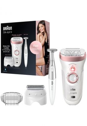 Epilator Silk-épil 9 9/890 SensoSmart™ - Micro-Grip - Wet & Dry - 40 pensete - 2 viteze - cap de ras - Trimmer - Saculet pentru voiaj - Alb/Roz