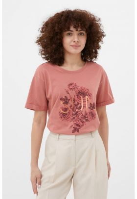 Tricou cu decolteu rotund si imprimeu floral