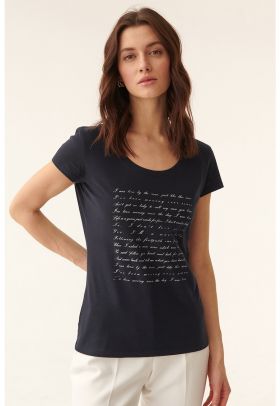 Tricou cu decolteu rotund si imprimeu text Antonia