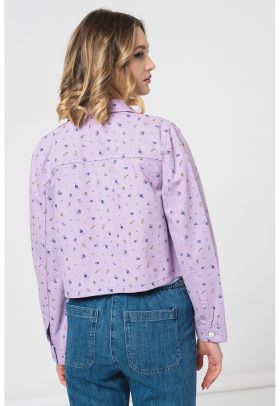 Jacheta crop din denim cu imprimeu floral