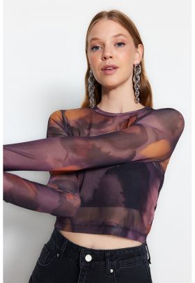 Bluza de plasa semitransparenta cu imprimeu abstract