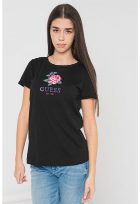 Tricou cu decolteu la baza gatului - cu logo si imprimeu floral