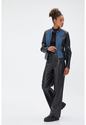 Jacheta de piele ecologica cu detalii de denim