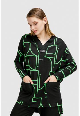 Bluza cu model geometric si buzunare aplicate