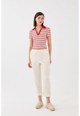 Pantaloni crop uni din amestec de bumbac