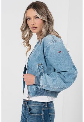 Jacheta crop de denim cu fermoar