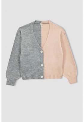 Cardigan cu decolteu in V si model colorblcok