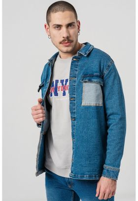 Jacheta-camasa din denim cu buzunare aplicate