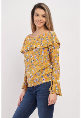 Bluza cu imprimeu floral si decolteu pe umeri