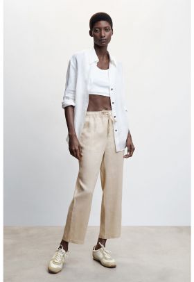 Pantaloni jogger crop din in cu snur de ajustare in talie