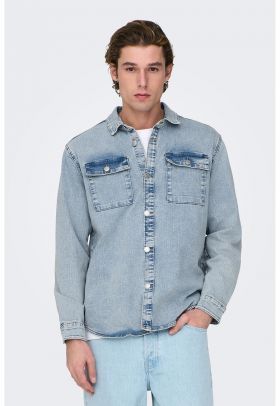 Jacheta-camasa din denim cu buzunare cu clapa