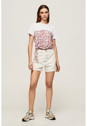 Tricou cu model floral si nod lateral