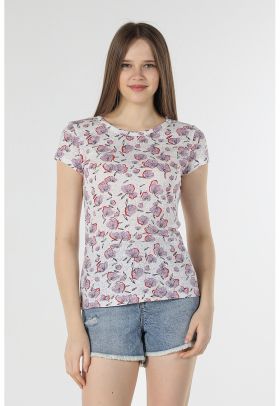 Tricou cu decolteu rotund si model floral