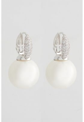 Cercei decorati cu perle sintetice si zirconia - Argintiu/Alb