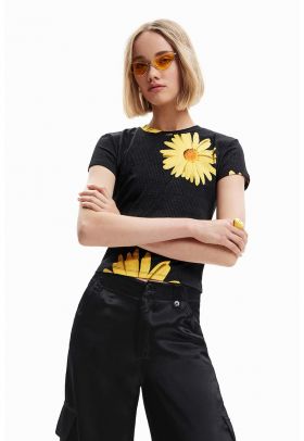 Tricou crop cu decolteu la baza gatului si model floral