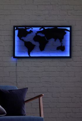 Decoratiune luminoasa LED, World Map 2, MDF, 60 LED-uri, Albastru