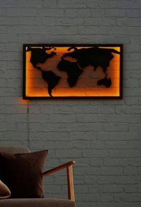 Decoratiune luminoasa LED, World Map 2, MDF, 60 LED-uri, Galben