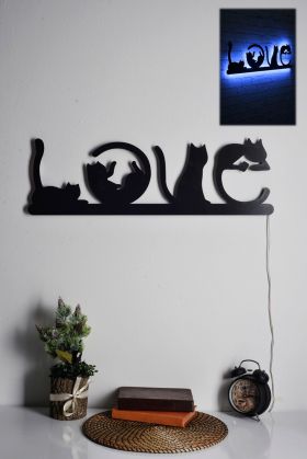 Decoratiune luminoasa LED, Cat Love, MDF, 60 LED-uri, Albastru