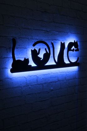 Decoratiune luminoasa LED, Cat Love, MDF, 60 LED-uri, Albastru