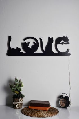 Decoratiune luminoasa LED, Cat Love, MDF, 60 LED-uri, Albastru