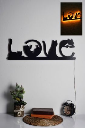 Decoratiune luminoasa LED, Cat Love, MDF, 60 LED-uri, Galben