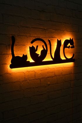 Decoratiune luminoasa LED, Cat Love, MDF, 60 LED-uri, Galben