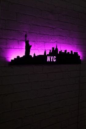 Decoratiune luminoasa LED, NYC Skyline, MDF, 60 LED-uri, Roz