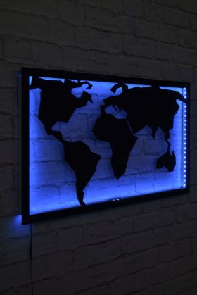 Decoratiune luminoasa LED, World Map 2, MDF, 60 LED-uri, Albastru