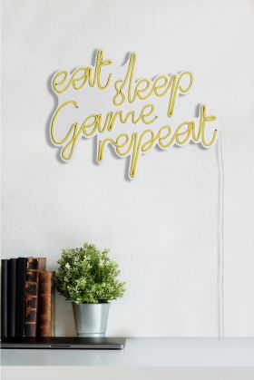 Decoratiune luminoasa LED, eat sleep game repeat, Benzi flexibile de neon, DC 12 V, Galben