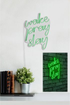 Decoratiune luminoasa LED, Wake Pray Slay, Benzi flexibile de neon, DC 12 V, Verde