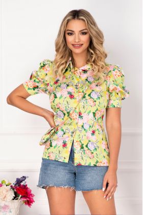 Camasa lime de vara cu imprimeu floral si accesoriu gentuta