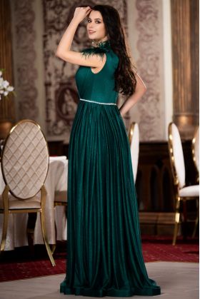 Rochie Maia de nasa verde lunga eleganta cu sclipici si accesoriu cu fulgi