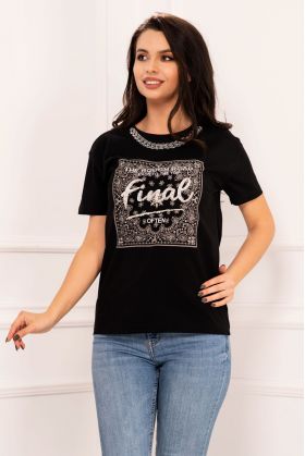 Tricou chic negru Top Final cu strassuri si lant decorativ