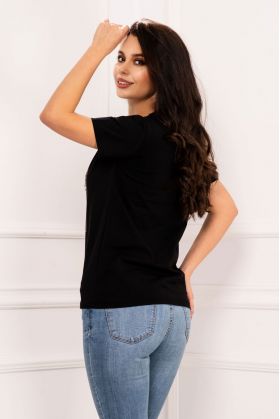 Tricou chic negru Top Final cu strassuri si lant decorativ