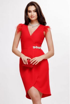 Rochie de ocazie eleganta Fofy rosie petrecuta cu fulgi la umeri